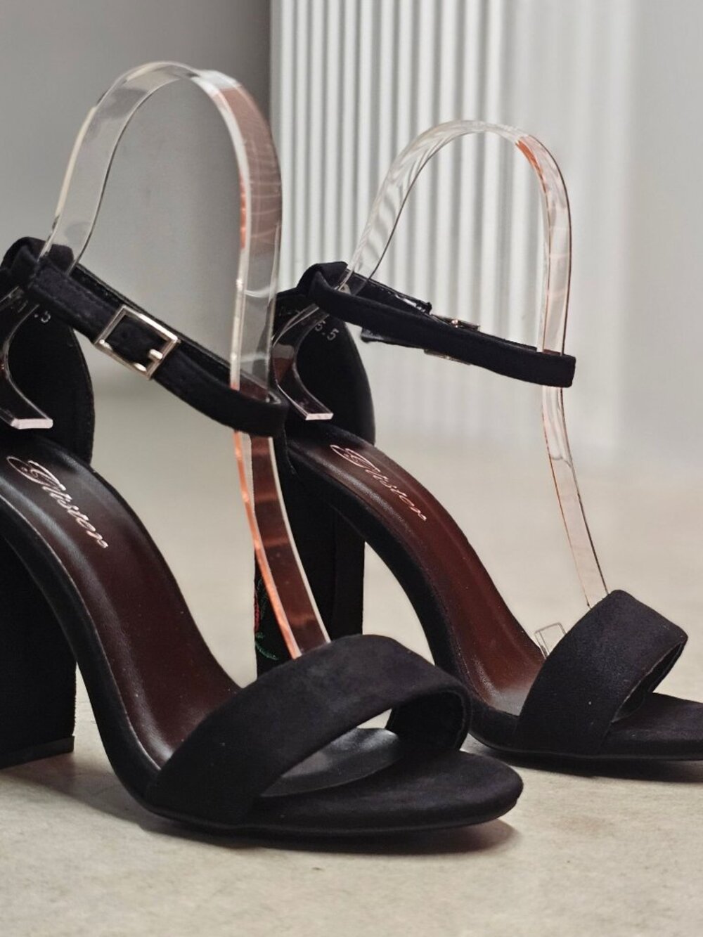 Black Faux Suede Block Heel Sandals With Rose Embroidery & Ankle Strap - Picture 3 of 13